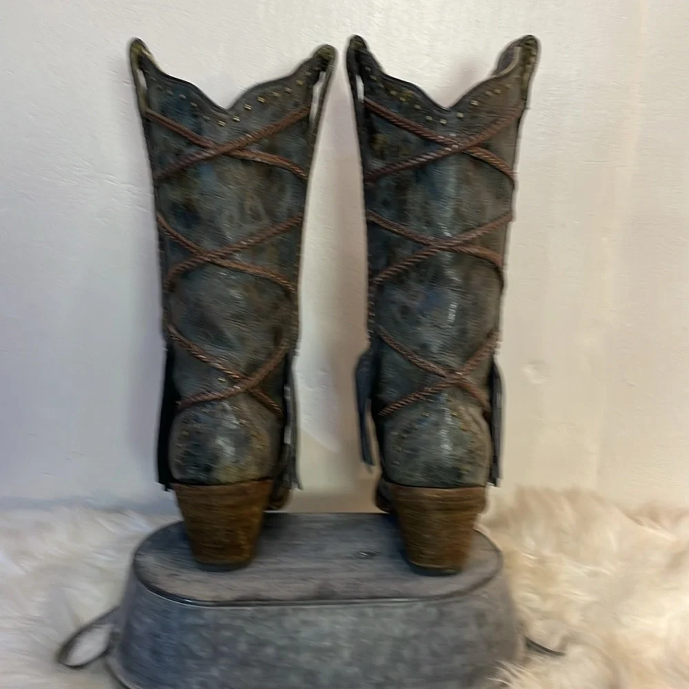 #0167 Corral Vintage Leather Snip Toe Cowboy Boot With Fringe-7.5 - Picture 7 of 15